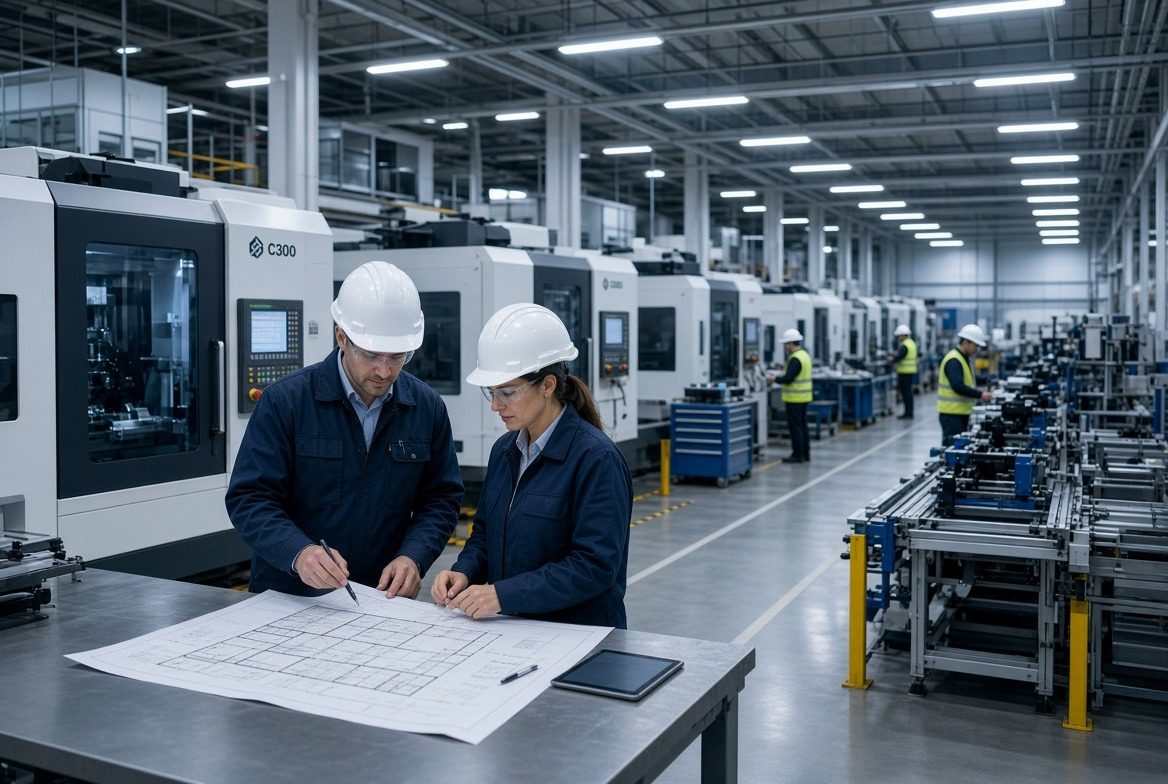 Ingenieure prüfen ein Anlagenlayout
