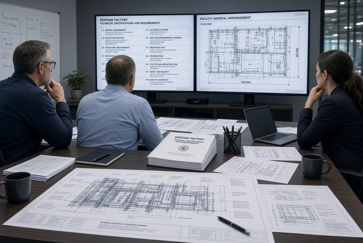 Ingenieure prüfen Layoutzeichnungen der Fabrik an einem Tisch